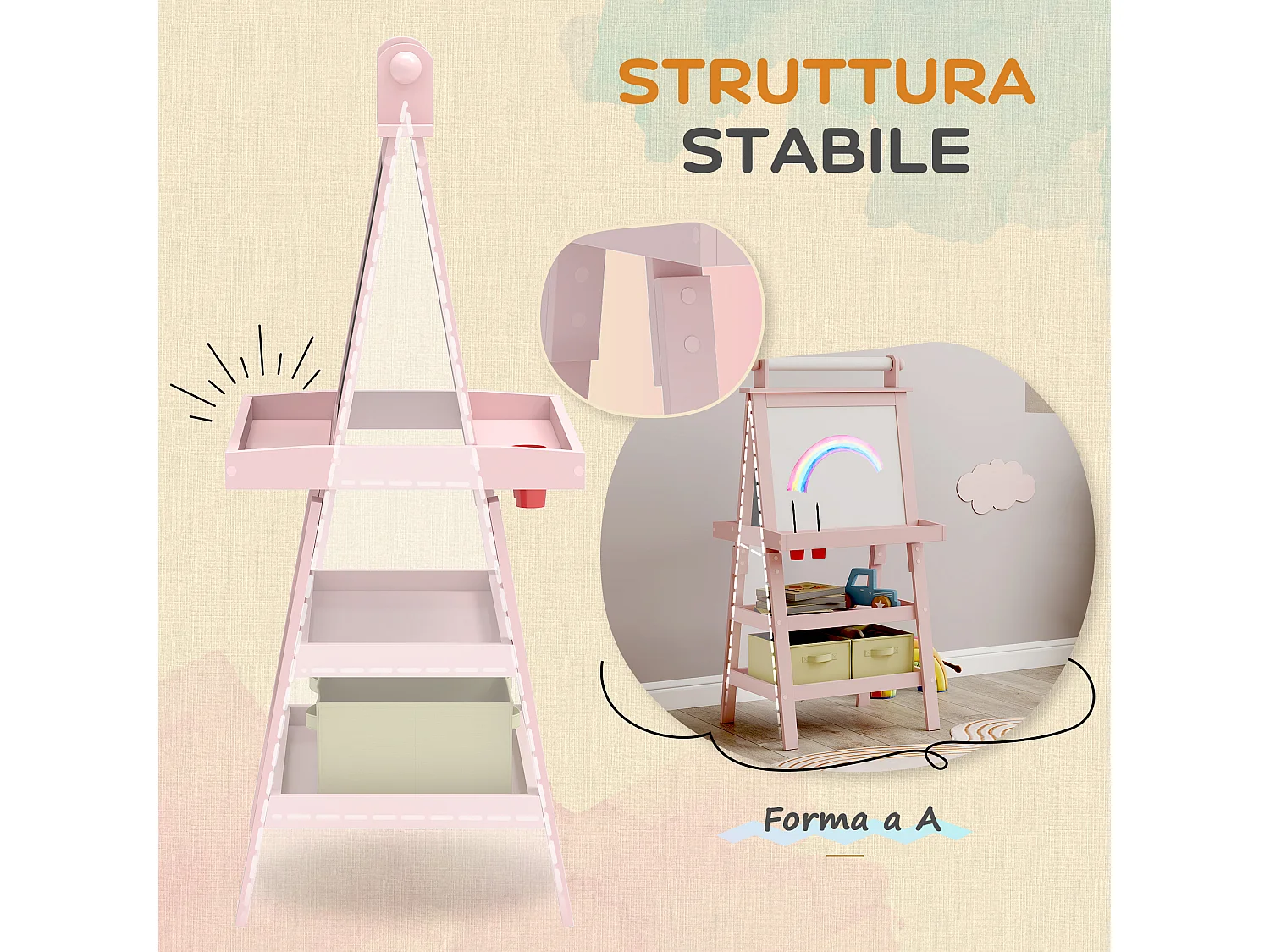 Lavagna per bambini con cavalletto in legno e rotolo di carta rosa