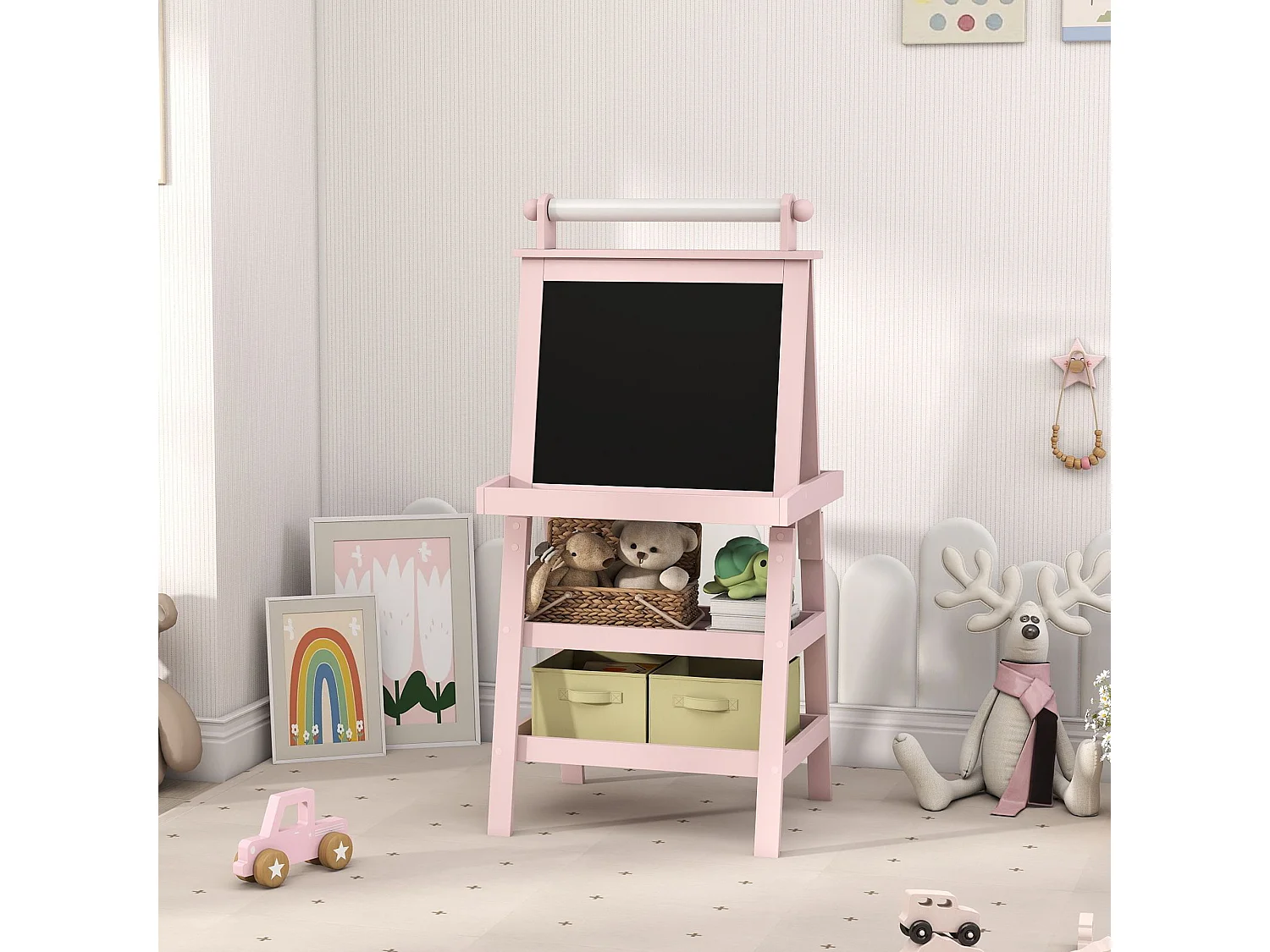 Lavagna per bambini con cavalletto in legno e rotolo di carta rosa