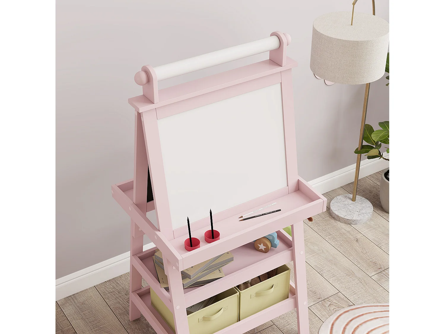 Lavagna per bambini con cavalletto in legno e rotolo di carta rosa