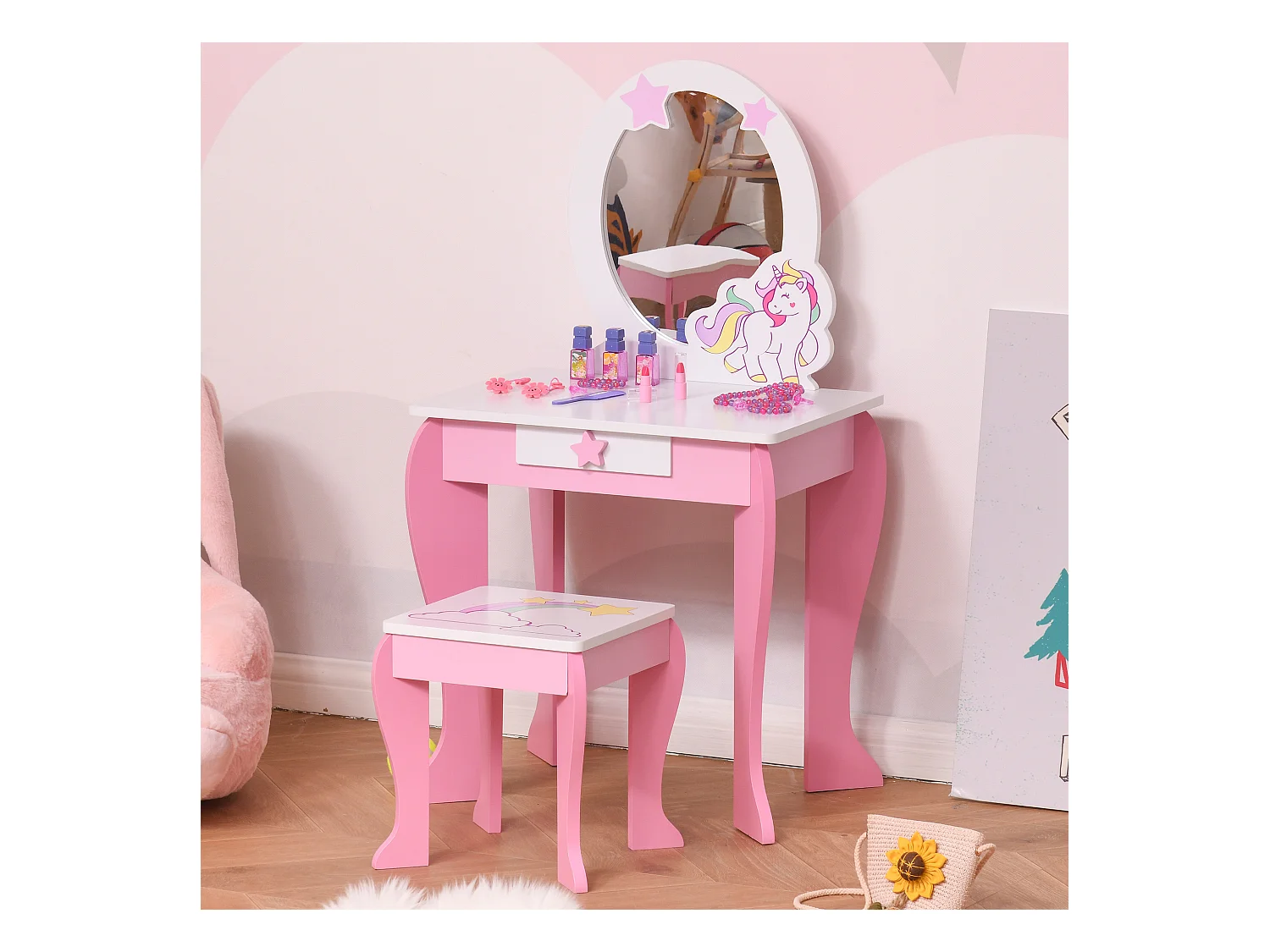 Specchiera giocattolo toeletta per bambine 3-8 anni legno rosa bianco