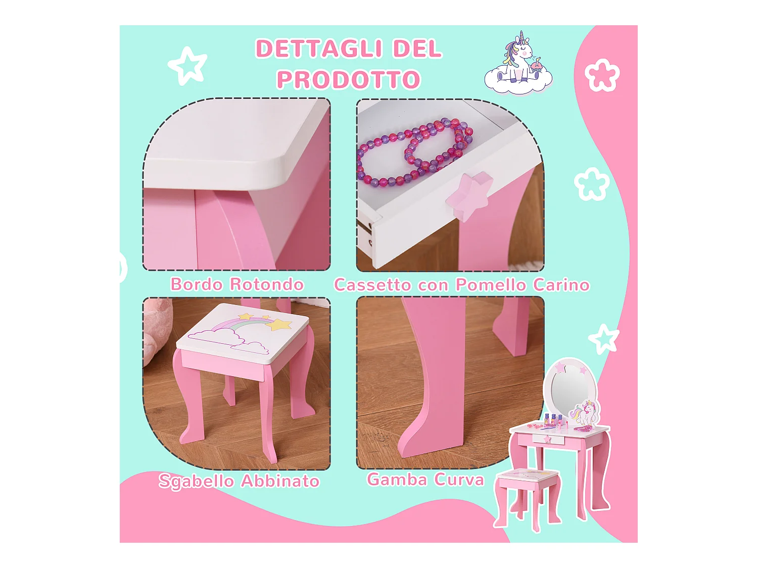 Specchiera giocattolo toeletta per bambine 3-8 anni legno rosa bianco