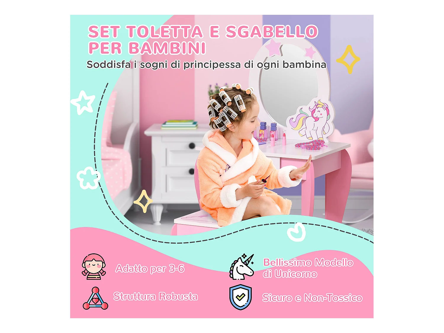 Specchiera giocattolo toeletta per bambine 3-8 anni legno rosa bianco