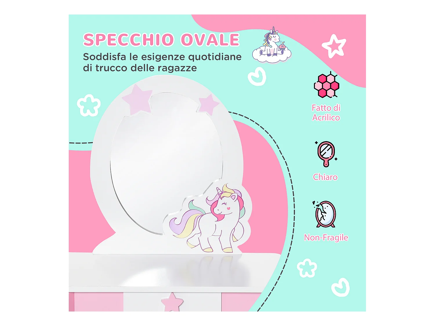 Specchiera giocattolo toeletta per bambine 3-8 anni legno rosa bianco