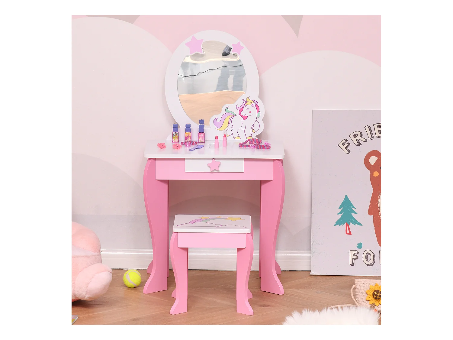 Specchiera giocattolo toeletta per bambine 3-8 anni legno rosa bianco