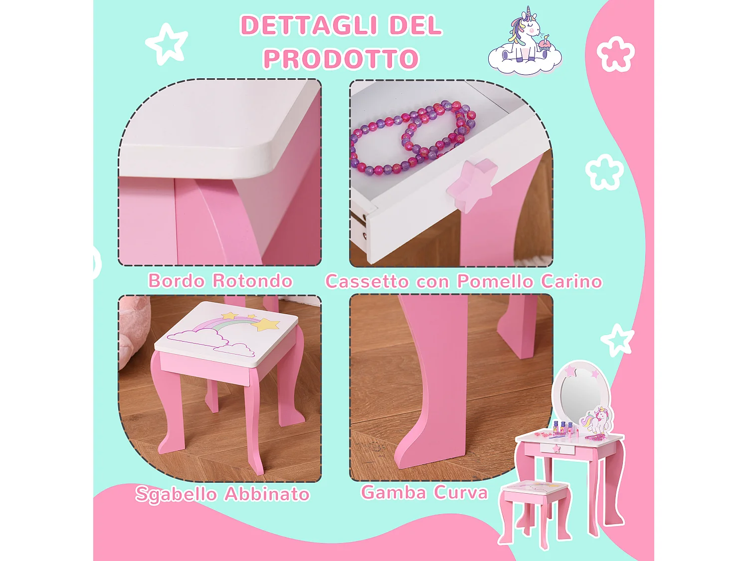 Specchiera giocattolo toeletta per bambine 3-8 anni legno rosa bianco