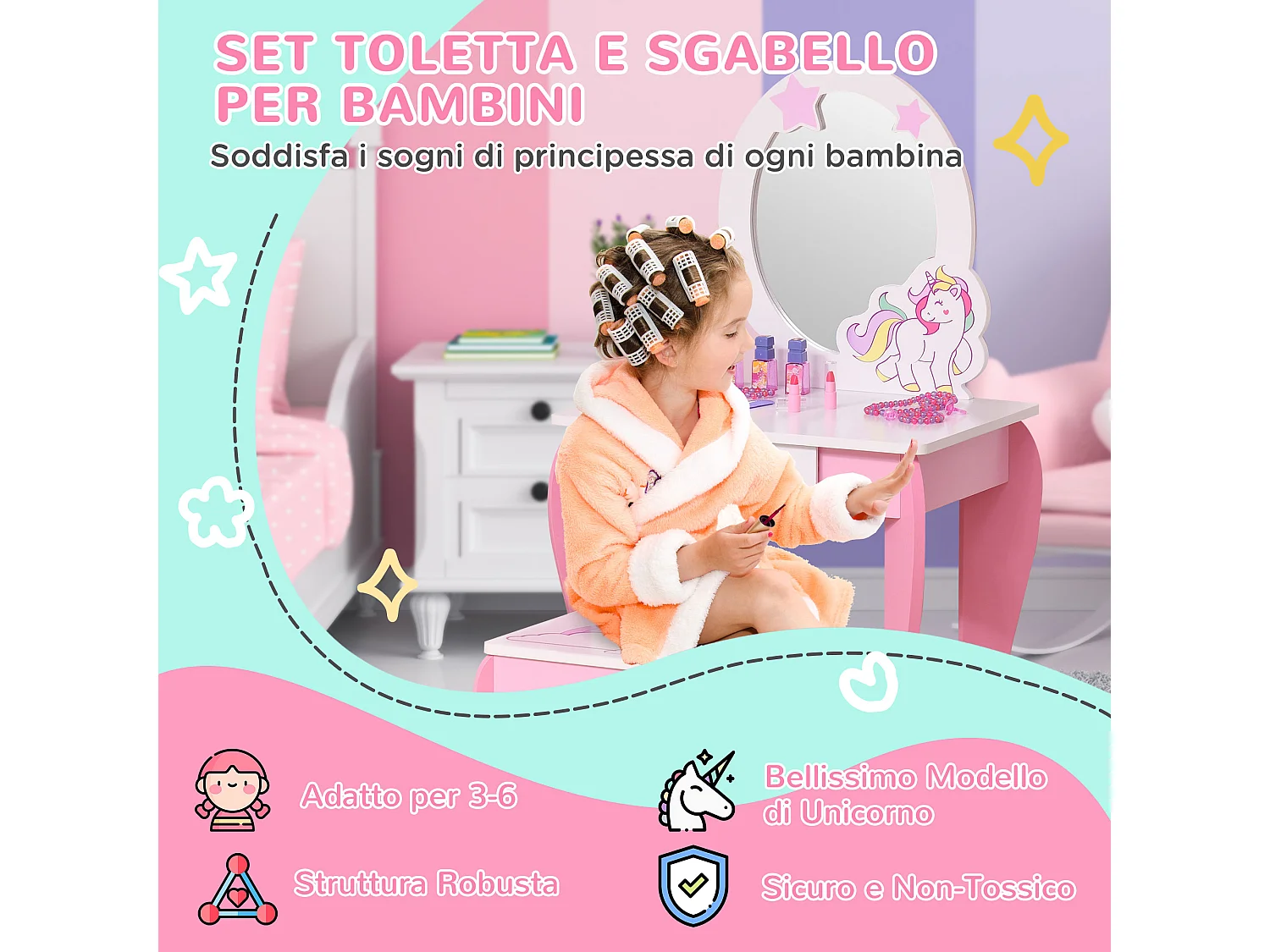 Specchiera giocattolo toeletta per bambine 3-8 anni legno rosa bianco
