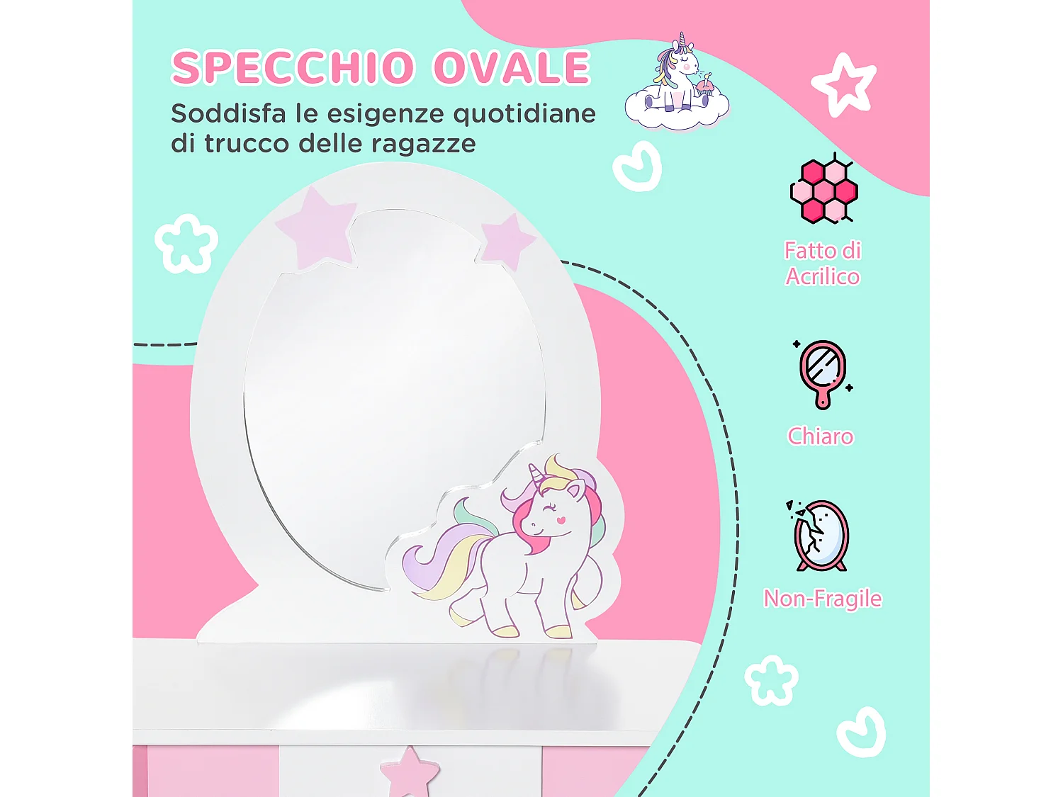 Specchiera giocattolo toeletta per bambine 3-8 anni legno rosa bianco