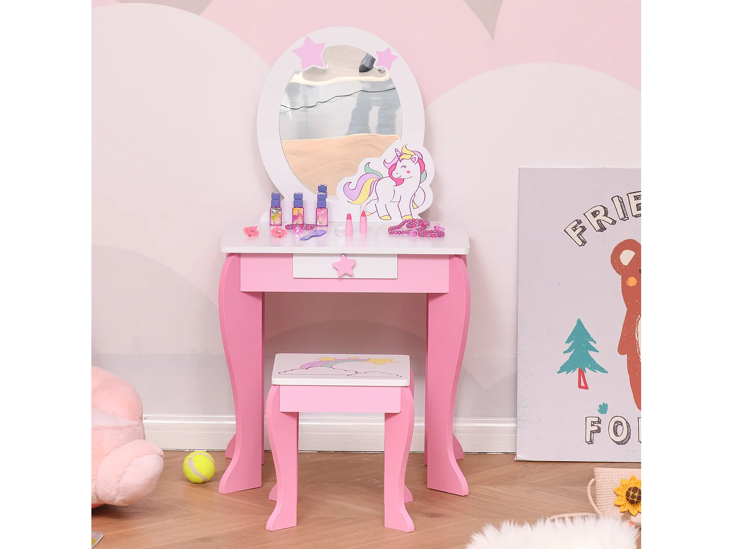 Specchiera giocattolo toeletta per bambine 3-8 anni legno rosa bianco