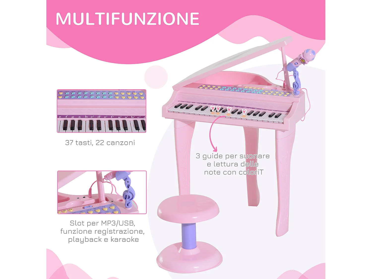 Pianoforte per bambini con 37 tasti microfono sgabello 48x39x69cm rosa
