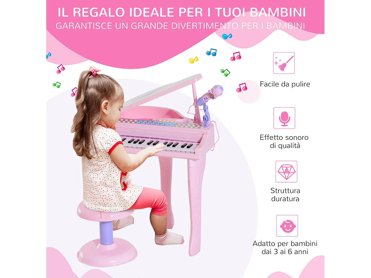 Pianoforte per bambini con 37 tasti microfono sgabello 48x39x69cm rosa
