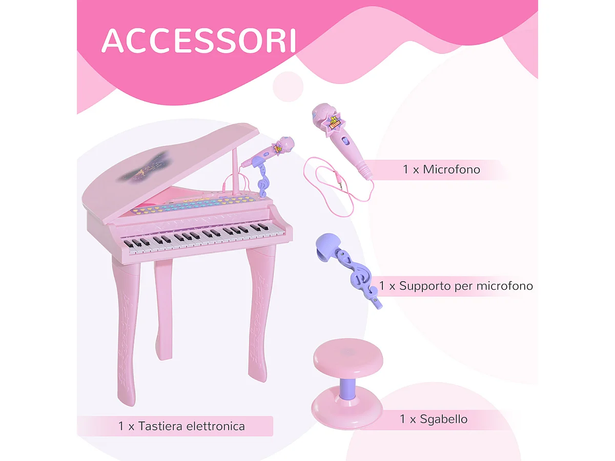 Pianoforte per bambini con 37 tasti microfono sgabello 48x39x69cm rosa