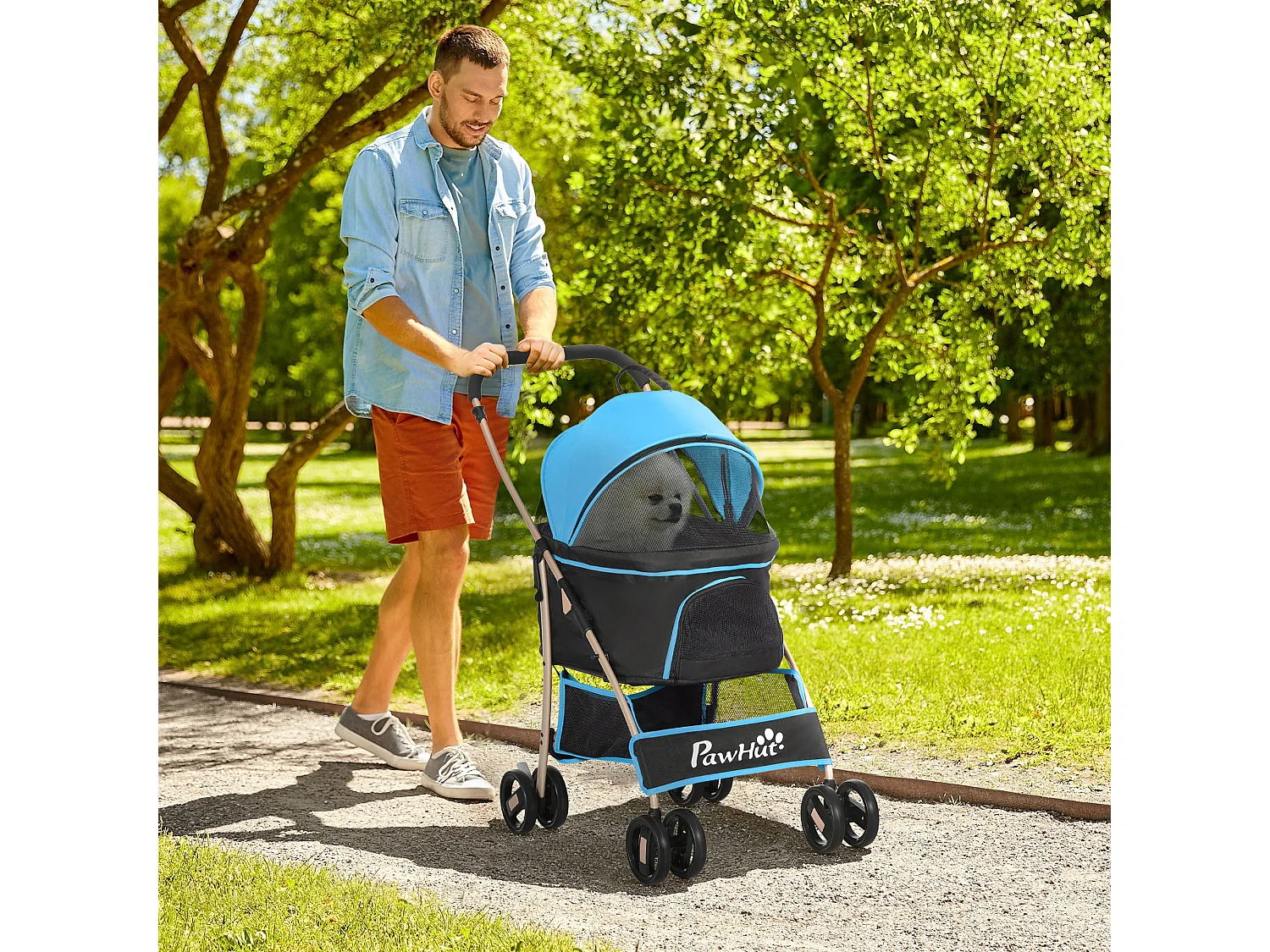 Passeggino per cani pieghevole convertibile in trasportino azzurro e nero