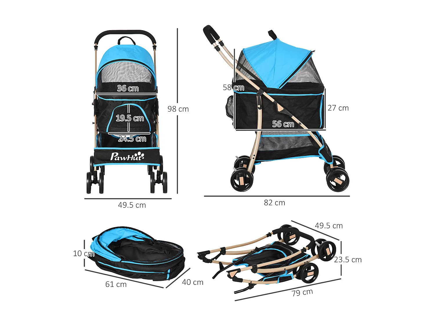 Passeggino per cani pieghevole convertibile in trasportino azzurro e nero