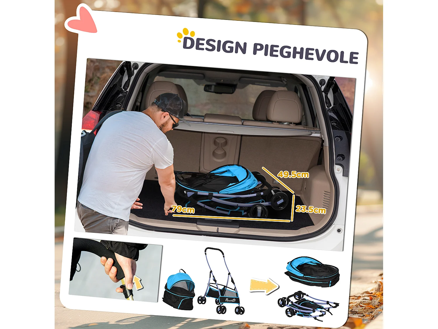 Passeggino per cani pieghevole convertibile in trasportino azzurro e nero