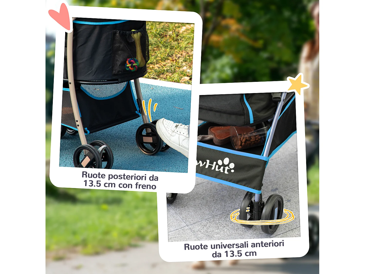 Passeggino per cani pieghevole convertibile in trasportino azzurro e nero