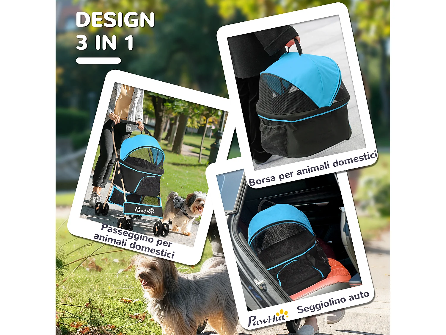 Passeggino per cani pieghevole convertibile in trasportino azzurro e nero