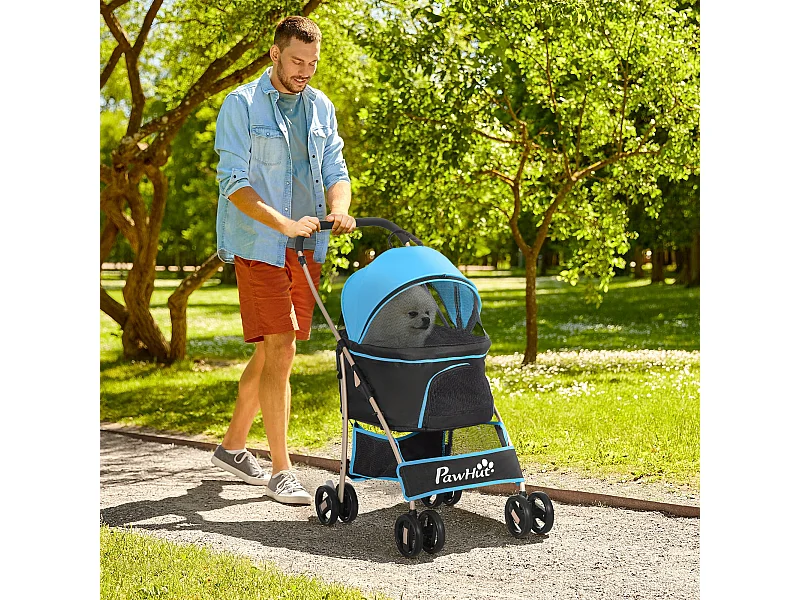 Passeggino per cani pieghevole convertibile in trasportino azzurro e nero
