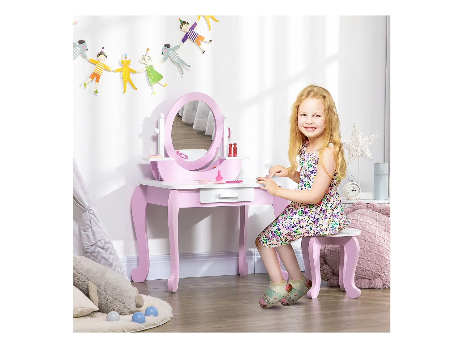 Set toeletta trucco per bambini 3-6 anni con sgabello e specchi rosa