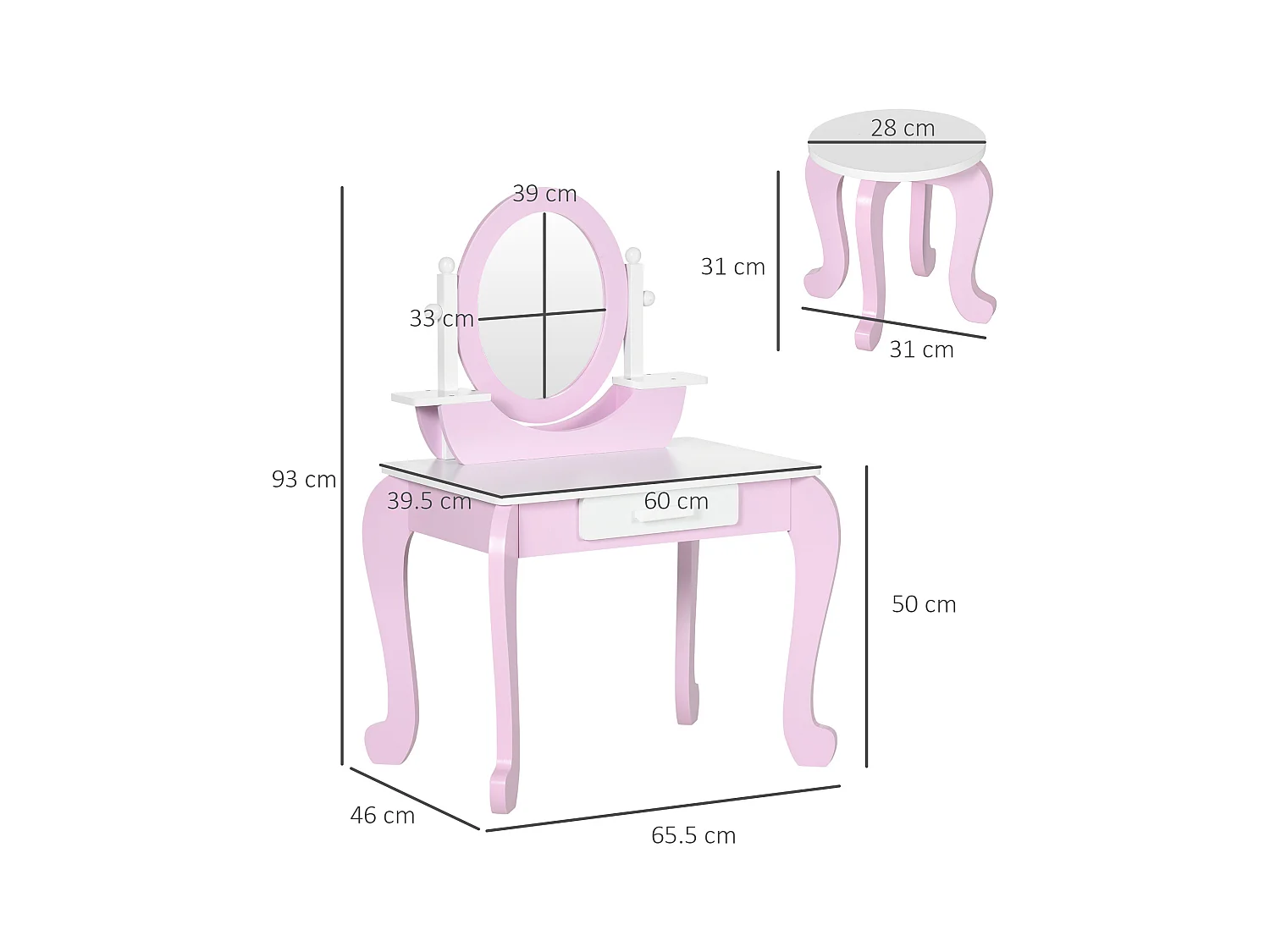 Set toeletta trucco per bambini 3-6 anni con sgabello e specchi rosa