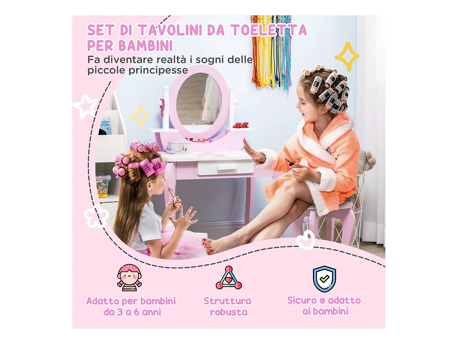 Set toeletta trucco per bambini 3-6 anni con sgabello e specchi rosa