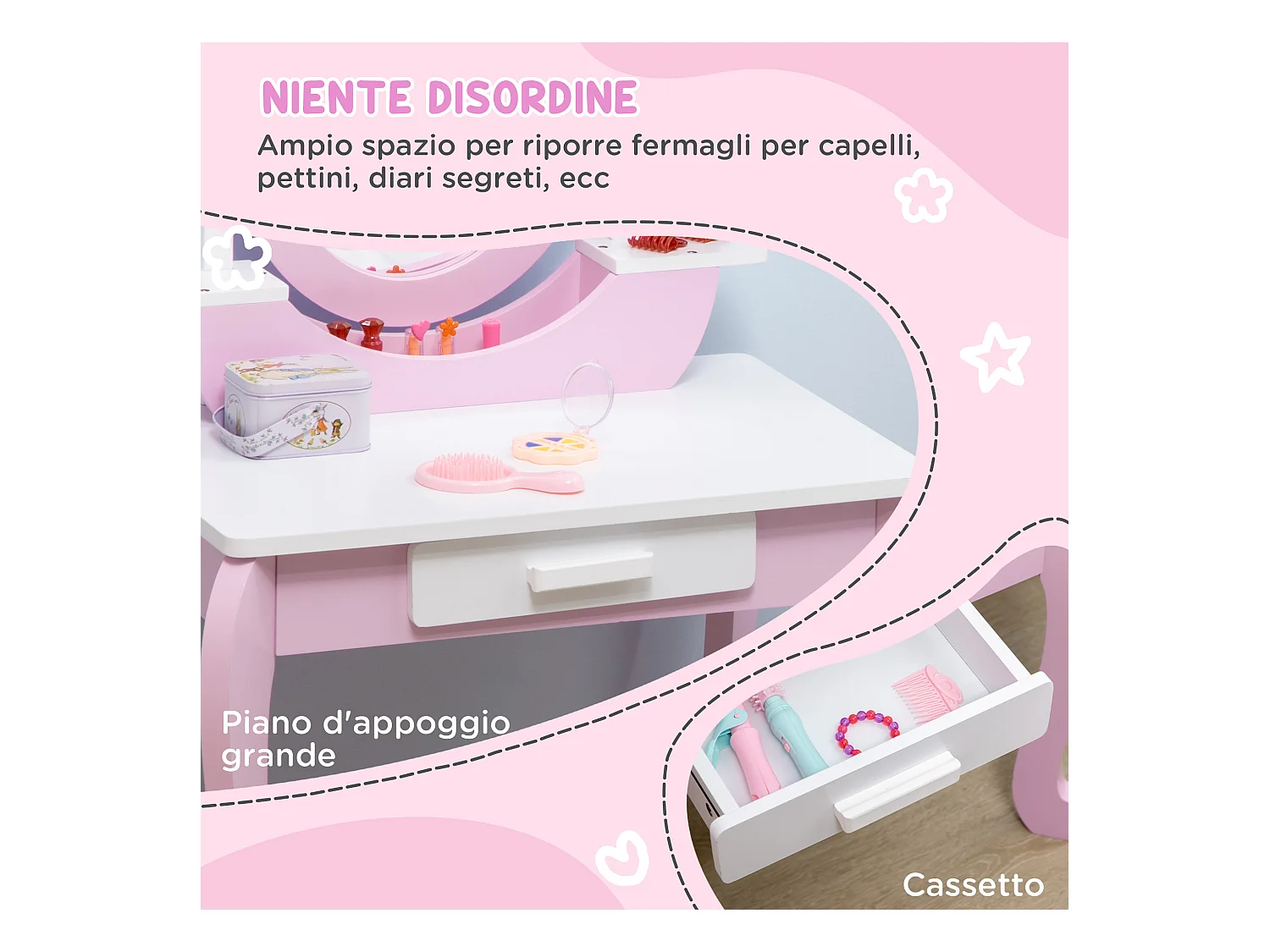 Set toeletta trucco per bambini 3-6 anni con sgabello e specchi rosa