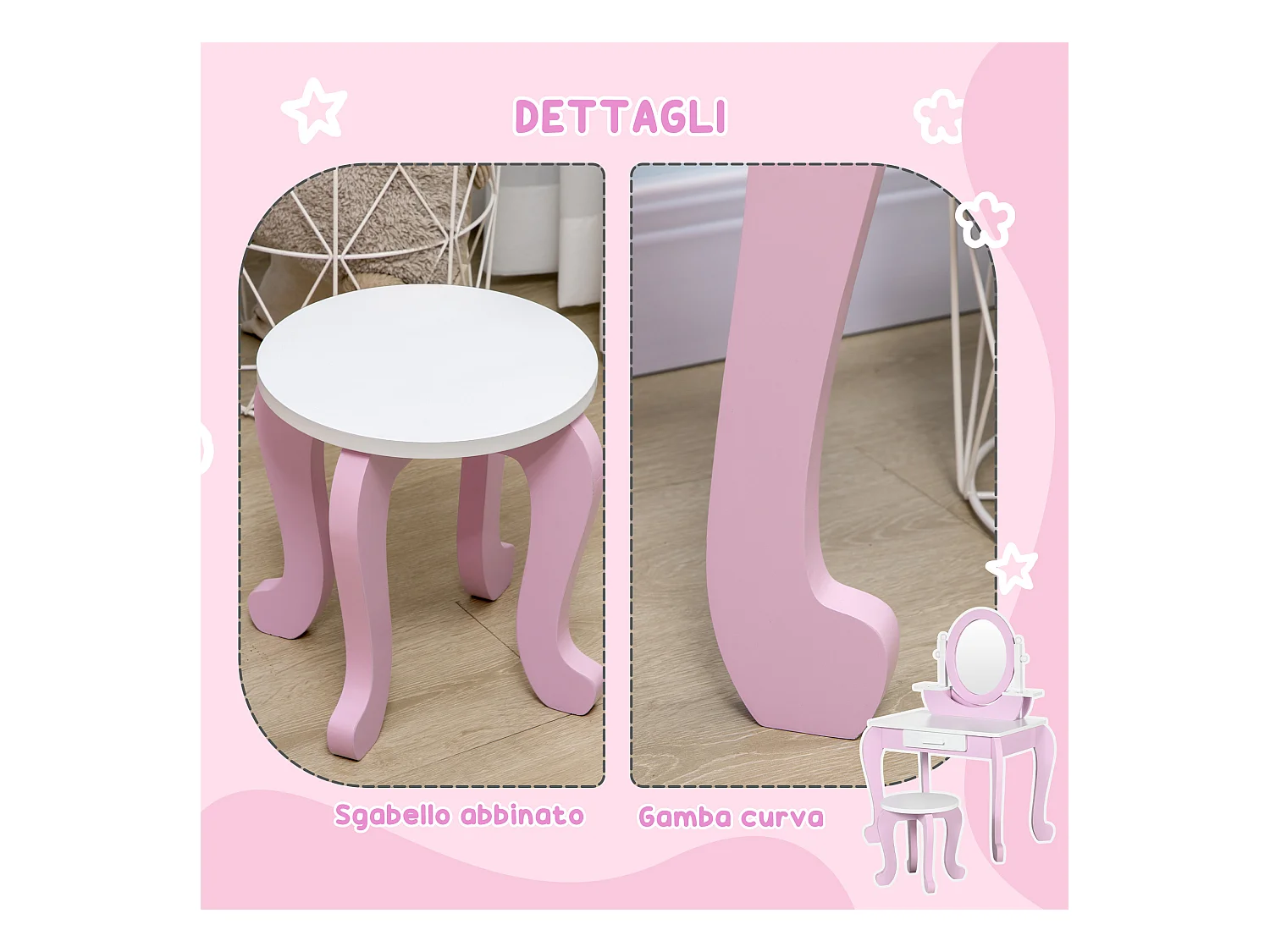 Set toeletta trucco per bambini 3-6 anni con sgabello e specchi rosa