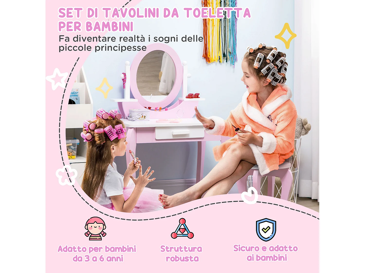 Set toeletta trucco per bambini 3-6 anni con sgabello e specchi rosa