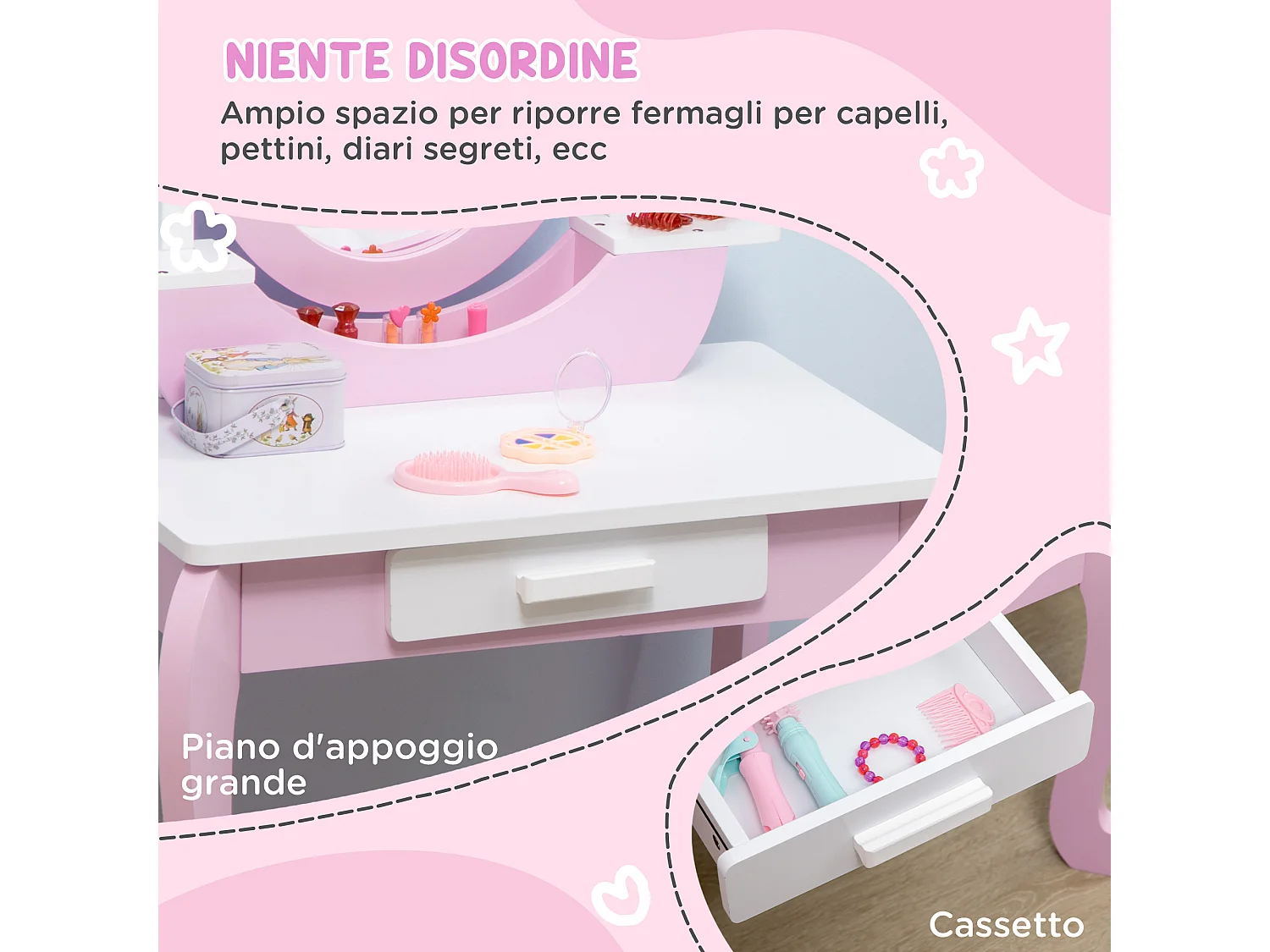 Set toeletta trucco per bambini 3-6 anni con sgabello e specchi rosa
