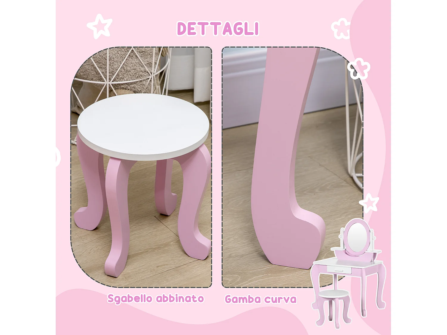 Set toeletta trucco per bambini 3-6 anni con sgabello e specchi rosa