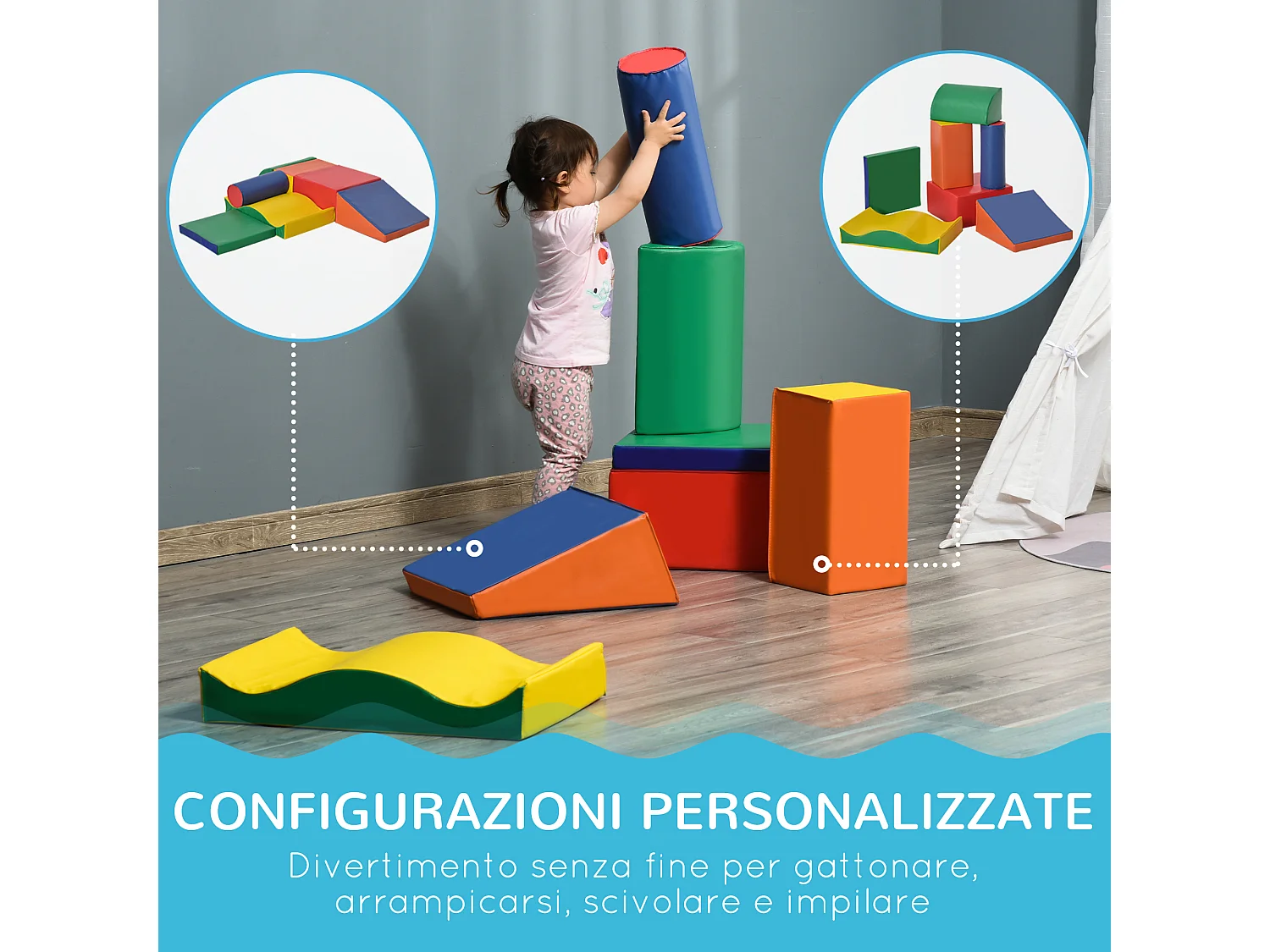 Set 7 blocchi di costruzioni morbide per bambini 1-3 anni multicolore