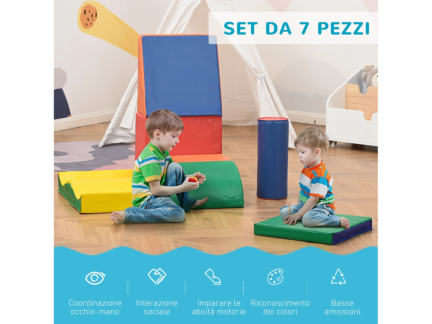 Set 7 blocchi di costruzioni morbide per bambini 1-3 anni multicolore