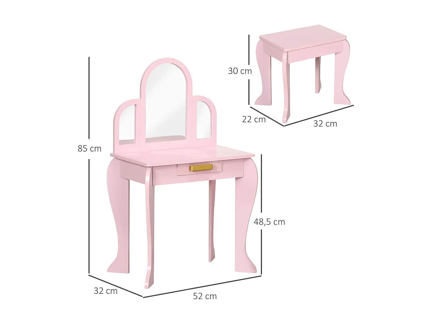 Tavolo per trucco bambine 3-6 anni con sgabello e specchio rosa