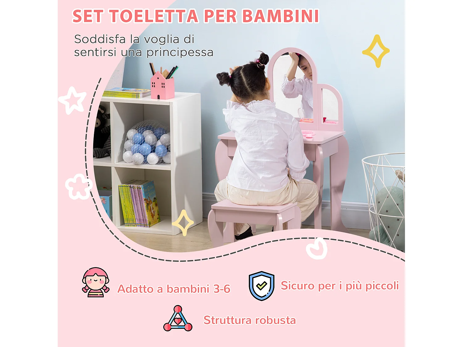 Tavolo per trucco bambine 3-6 anni con sgabello e specchio rosa