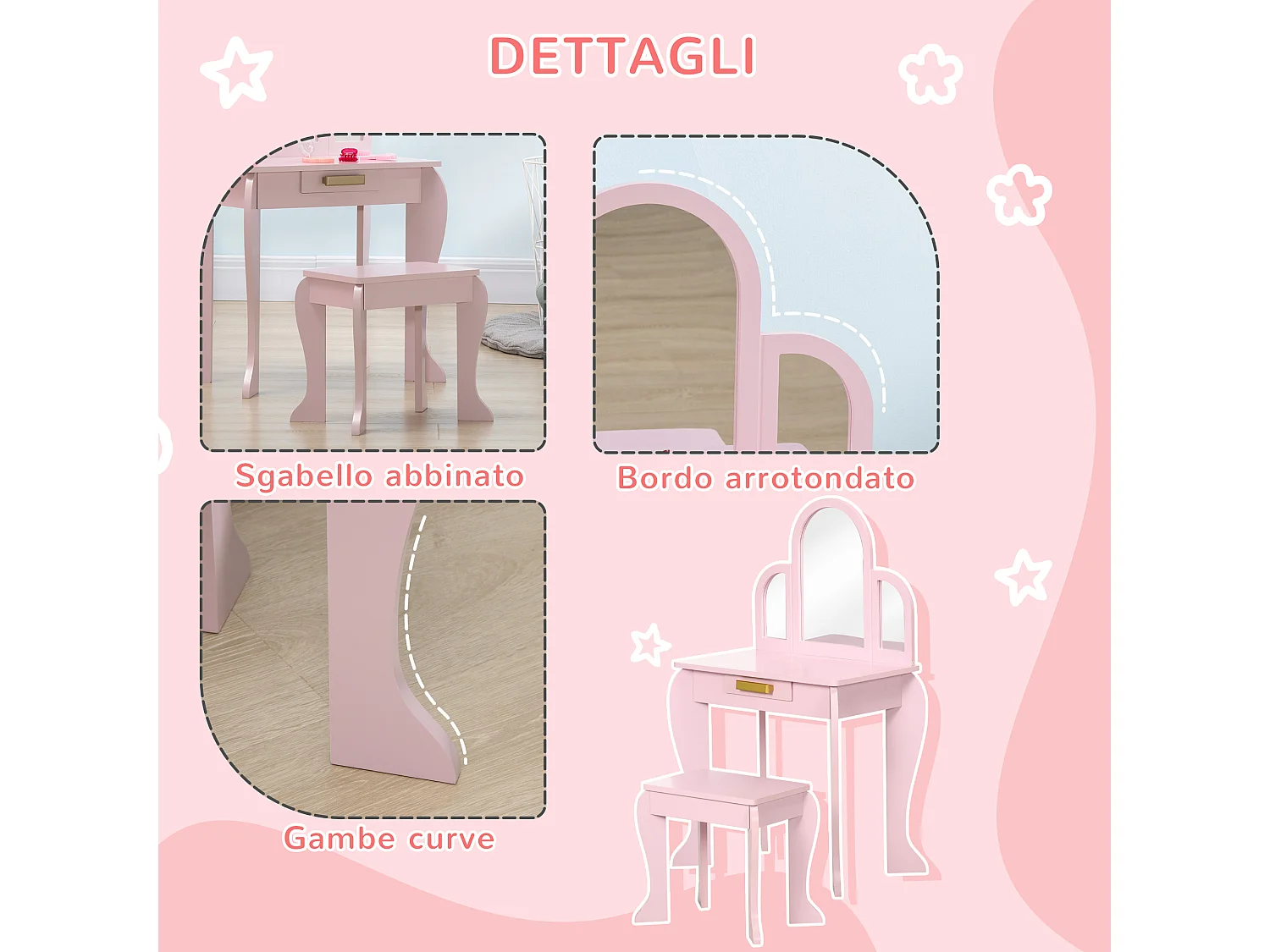 Tavolo per trucco bambine 3-6 anni con sgabello e specchio rosa