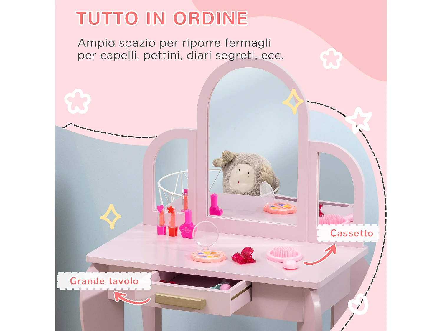 Tavolo per trucco bambine 3-6 anni con sgabello e specchio rosa