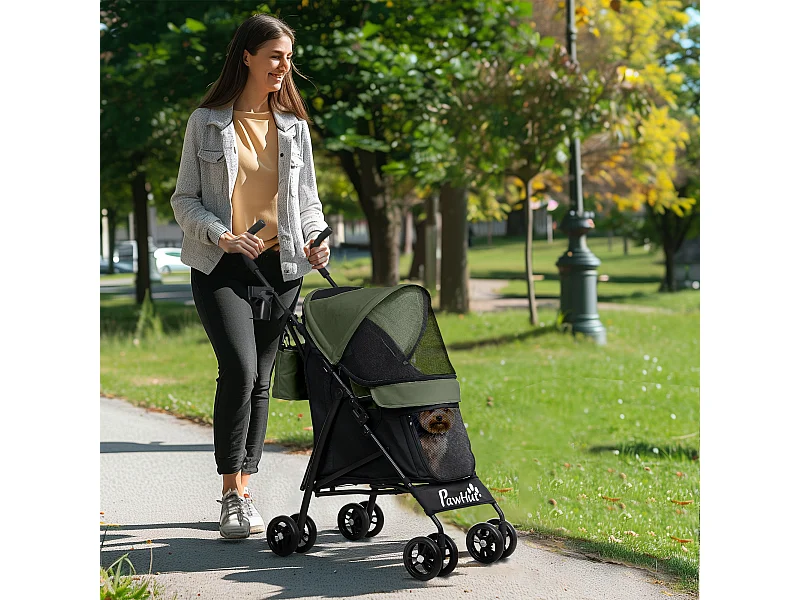 Passeggino per cani con 2 finestre a rete e guinzagli nero e verde scuro