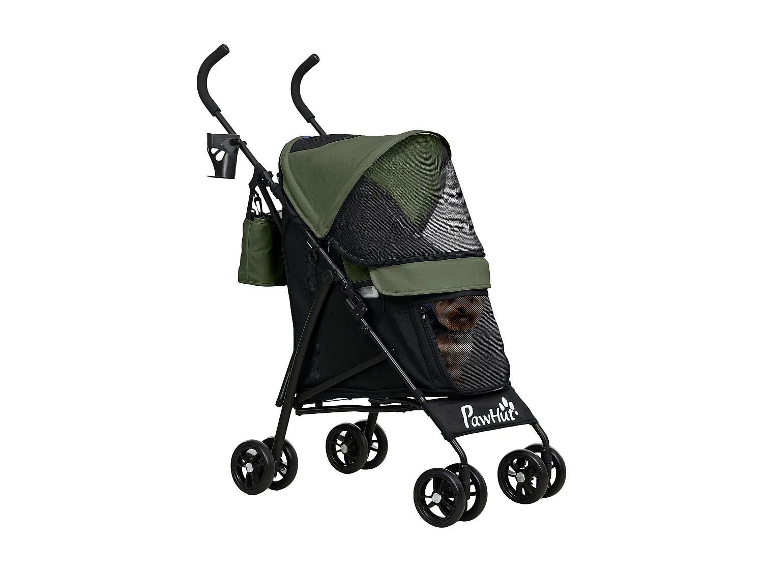 Passeggino per cani con 2 finestre a rete e guinzagli nero e verde scuro