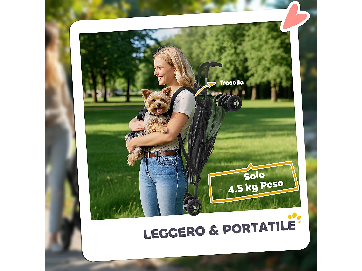 Passeggino per cani con 2 finestre a rete e guinzagli nero e verde scuro