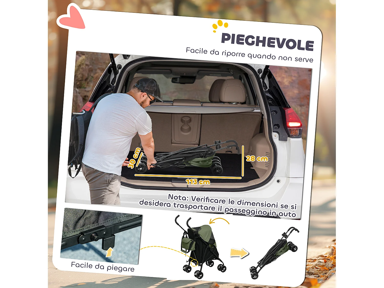 Passeggino per cani con 2 finestre a rete e guinzagli nero e verde scuro