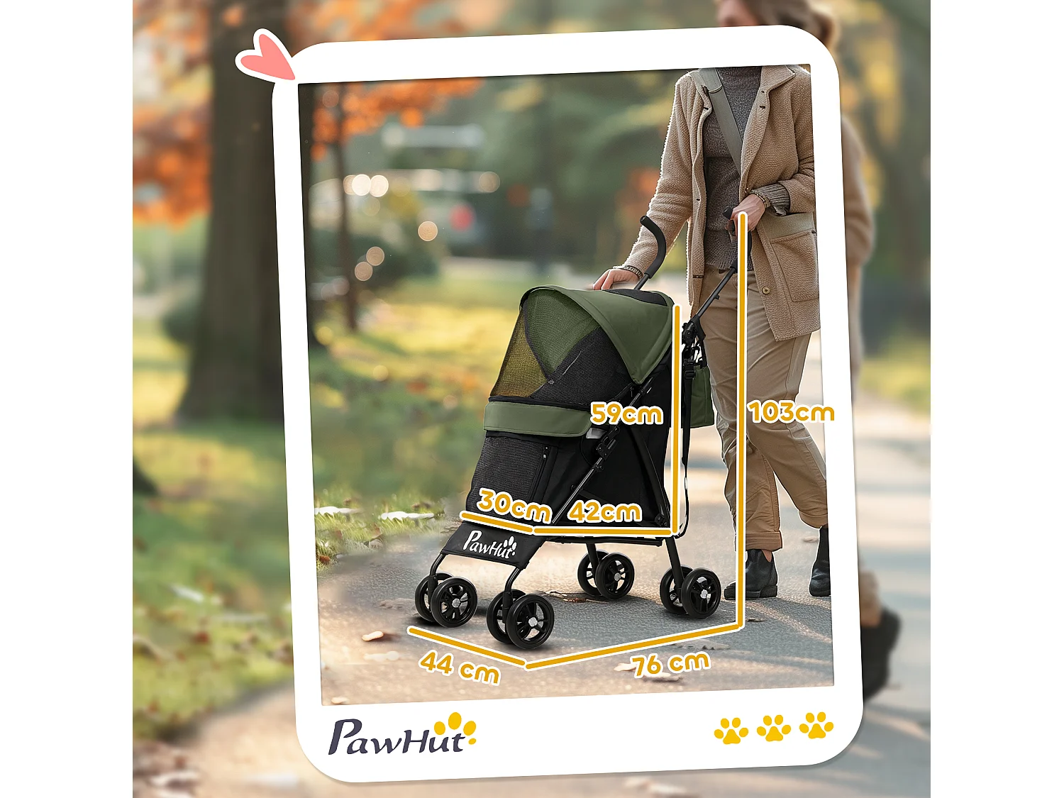 Passeggino per cani con 2 finestre a rete e guinzagli nero e verde scuro