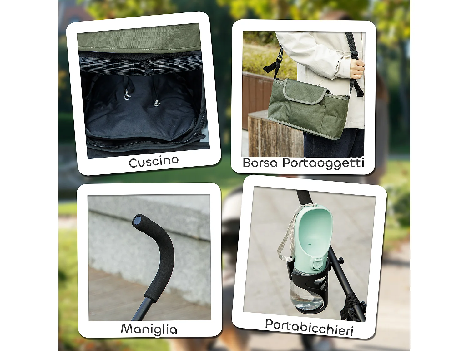 Passeggino per cani con 2 finestre a rete e guinzagli nero e verde scuro