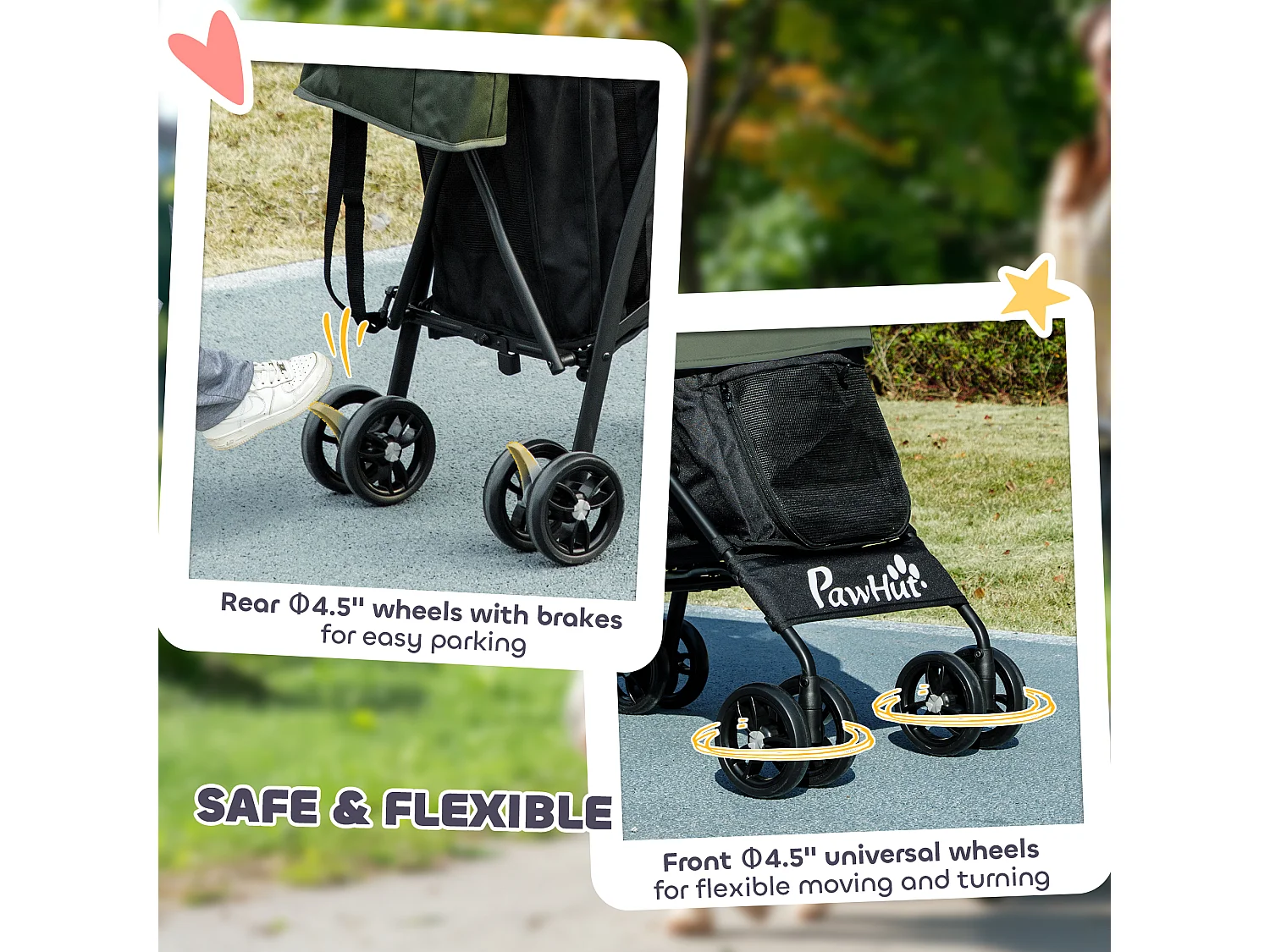 Passeggino per cani con 2 finestre a rete e guinzagli nero e verde scuro