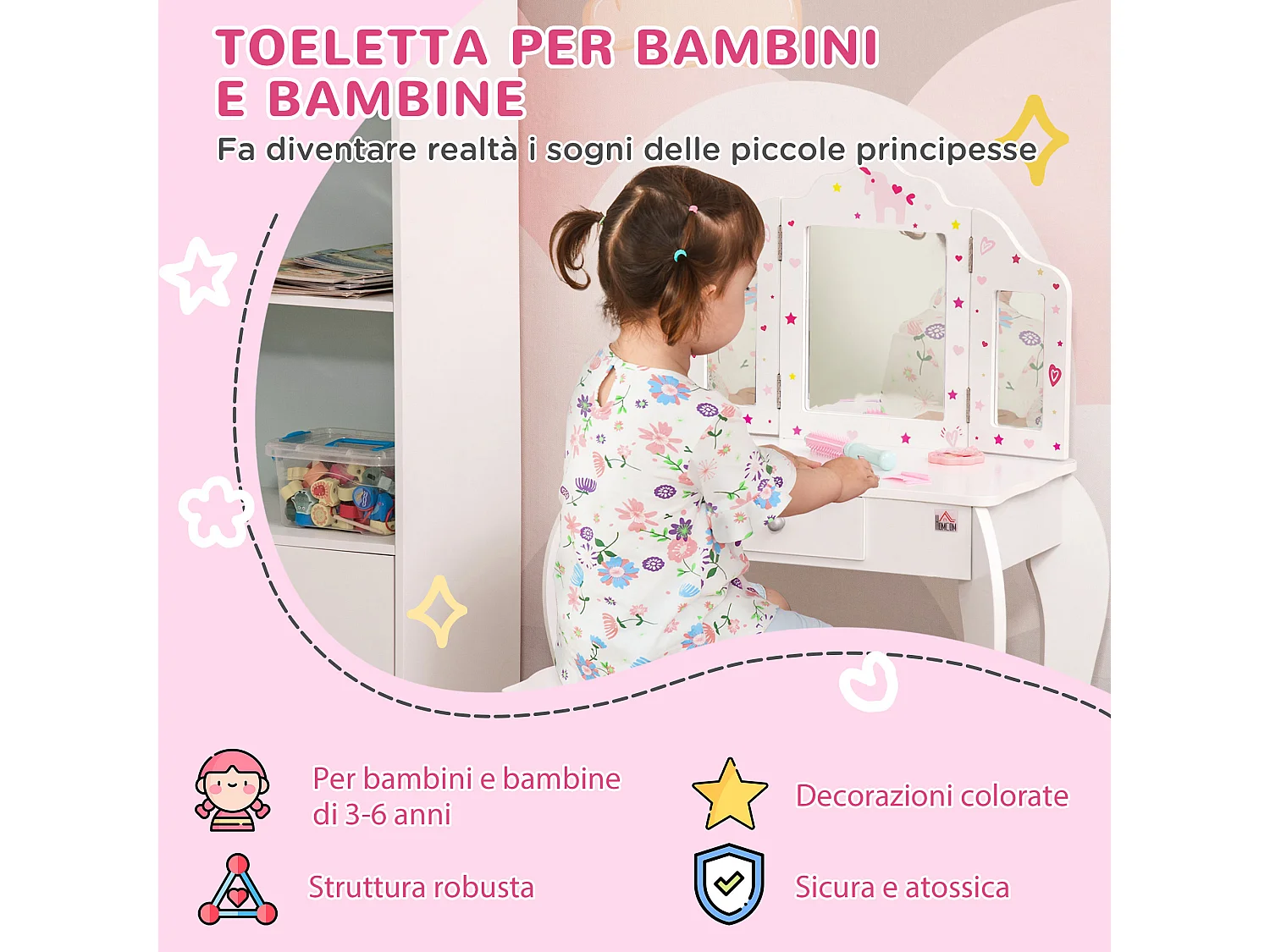 Toeletta per bambini con sgabello triplo specchio e cassetto