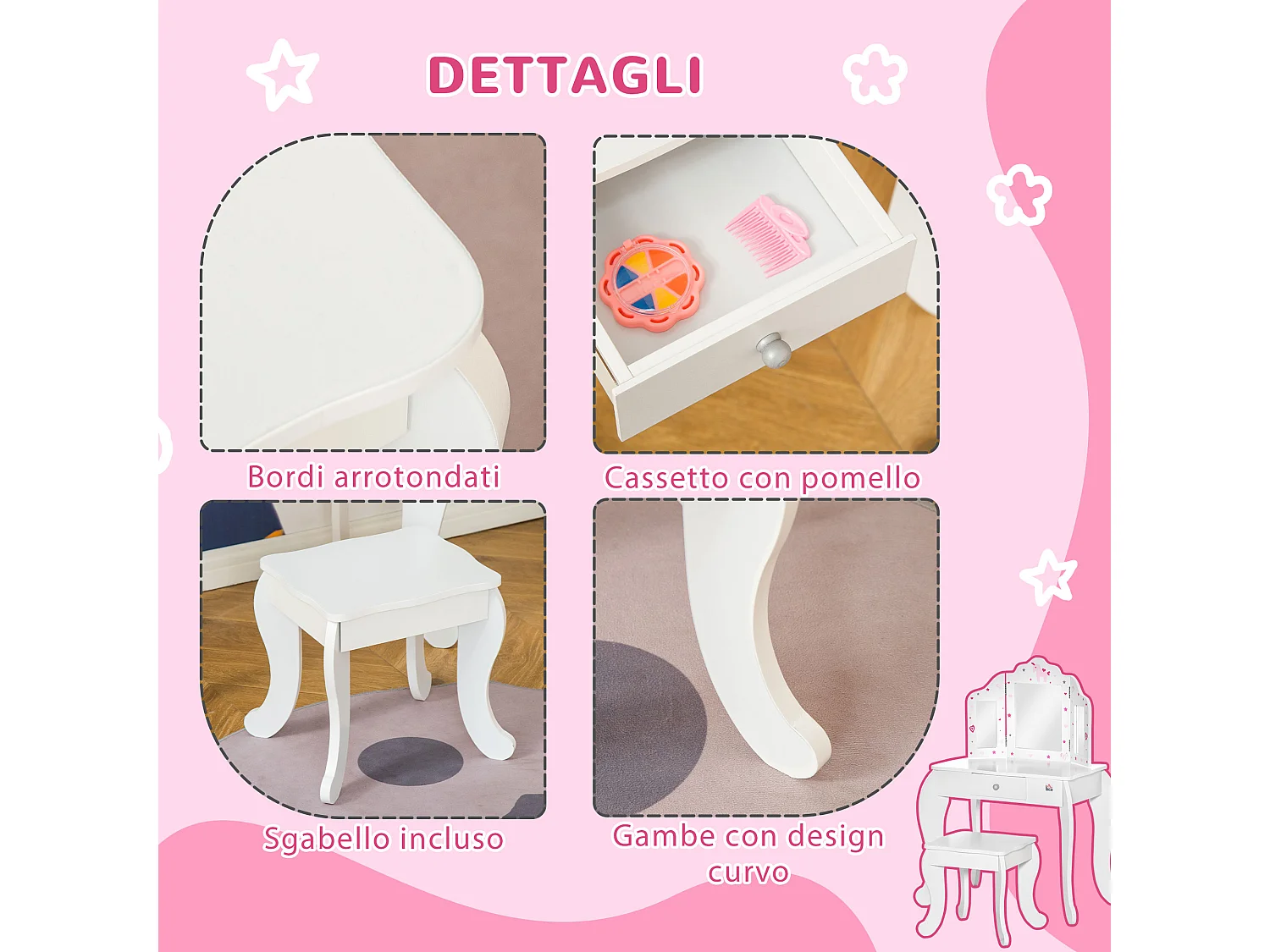 Toeletta per bambini con sgabello triplo specchio e cassetto