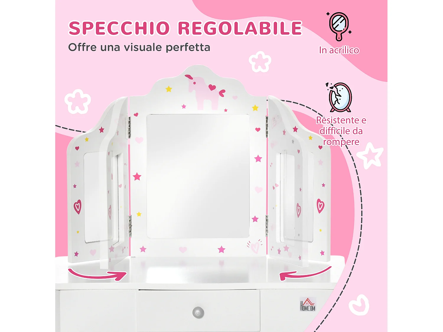 Toeletta per bambini con sgabello triplo specchio e cassetto