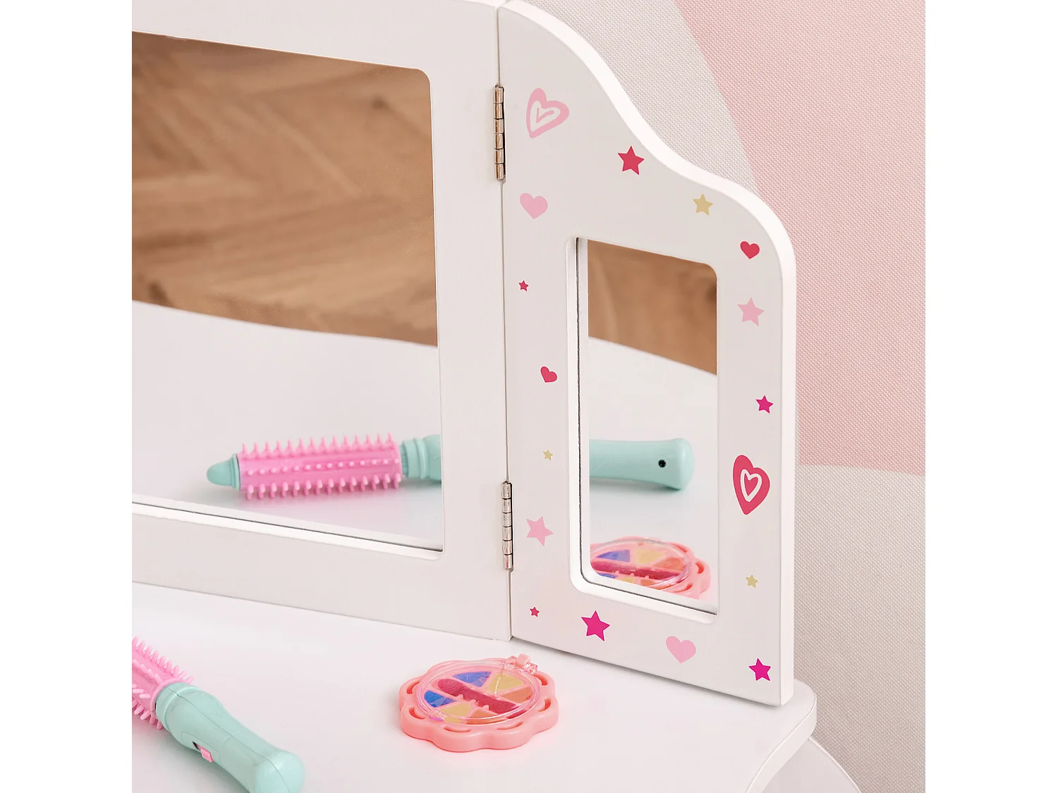 Toeletta per bambini con sgabello triplo specchio e cassetto