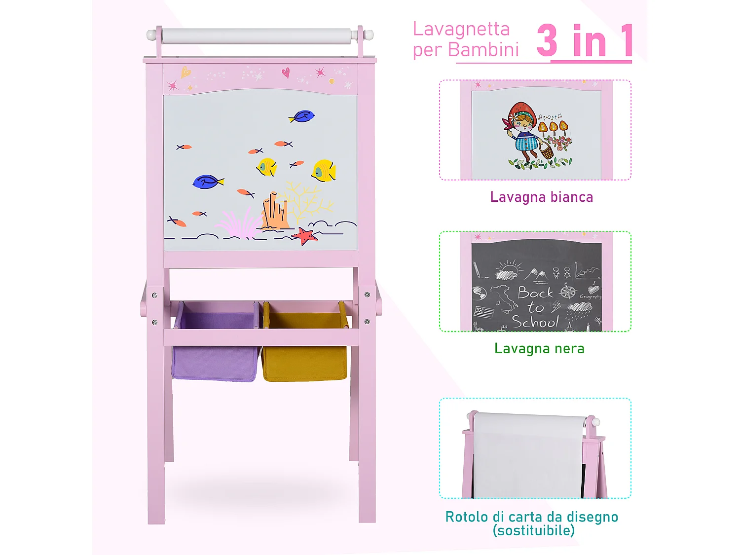Lavagnetta per bambini in legno rosa con cavalletto 3 in 1 mdf rosa