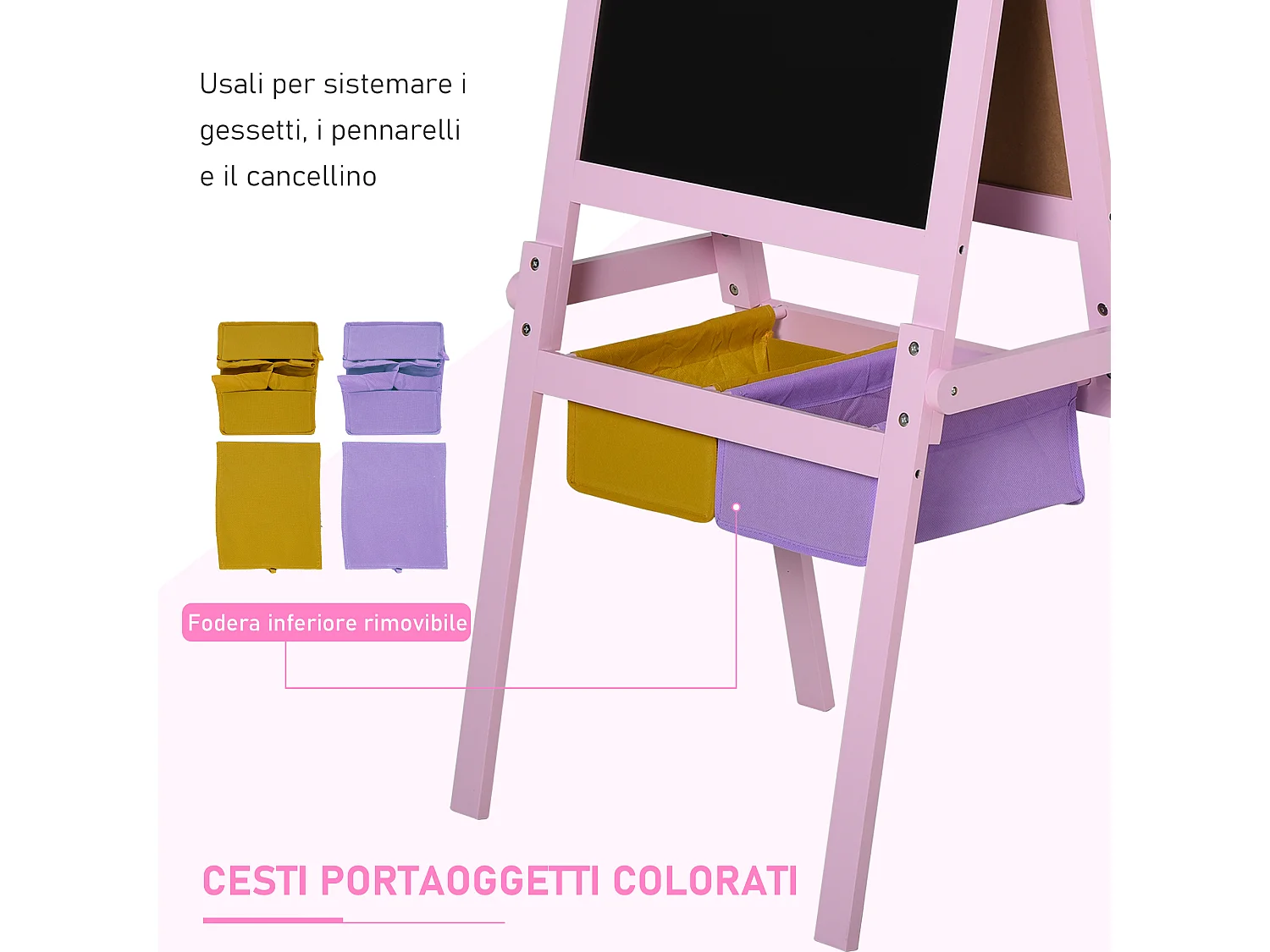 Lavagnetta per bambini in legno rosa con cavalletto 3 in 1 mdf rosa