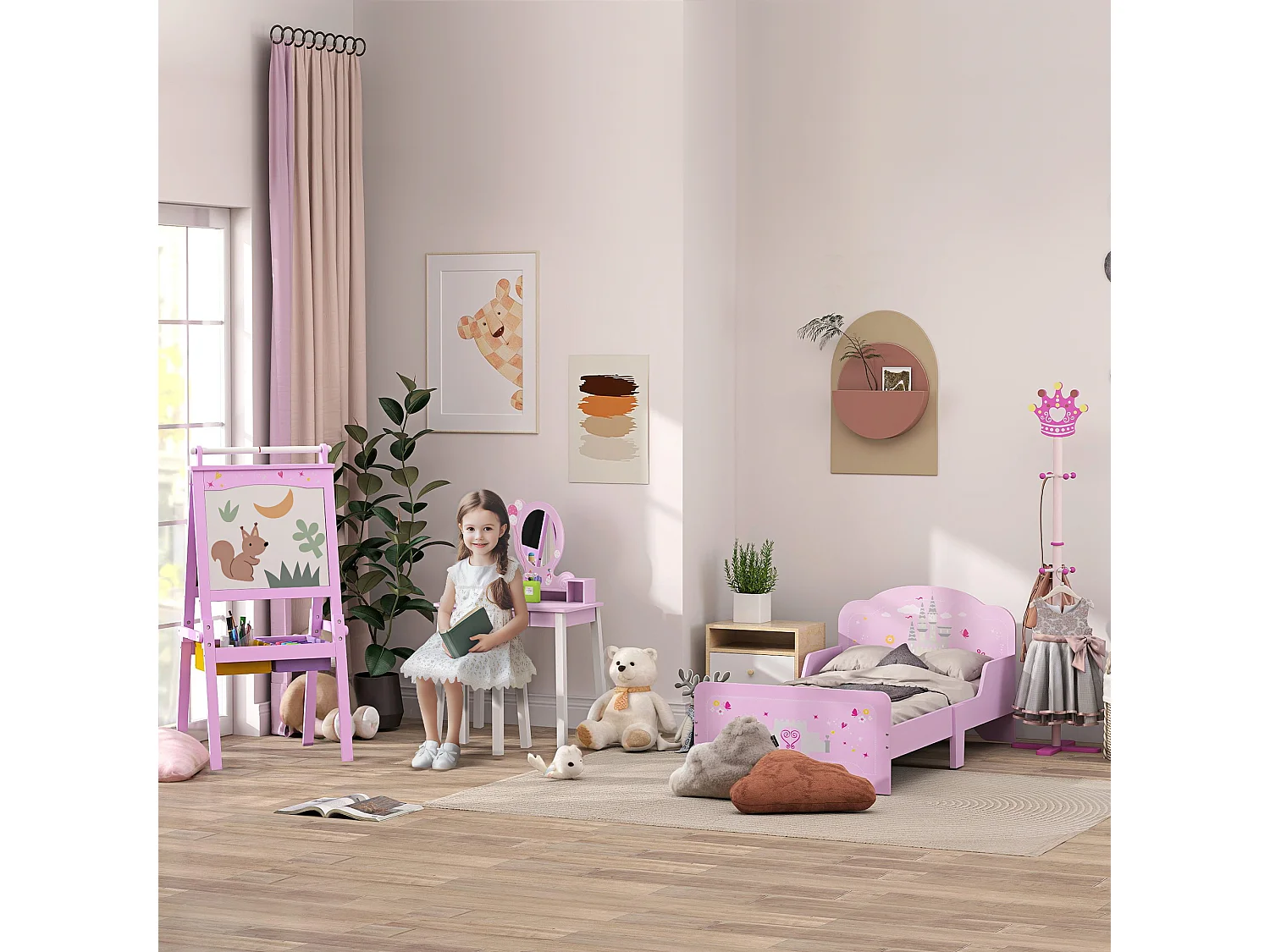 Lavagnetta per bambini in legno rosa con cavalletto 3 in 1 mdf rosa