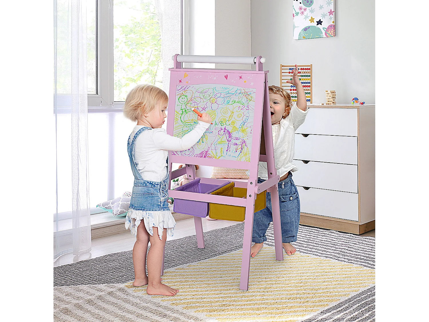 Lavagnetta per bambini in legno rosa con cavalletto 3 in 1 mdf rosa
